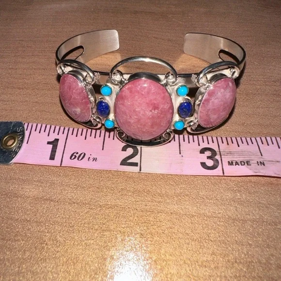 Rhodochrosite with small turquoise & lapis accents sterling silver cuff - Picture 7 of 10